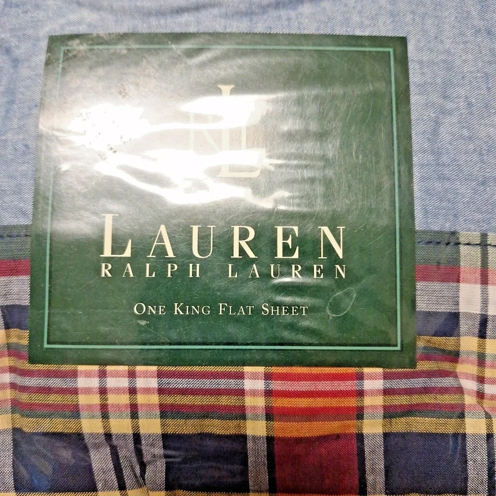 Vintage Ralph Lauren‎ KING Flat KENNEBUNKPORT Plaid Blue Chambray Sheet Rare New
